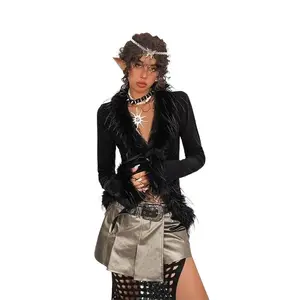 Chic V-Neck Lace-Up Faux Fur Patchwork Knit Cardigan