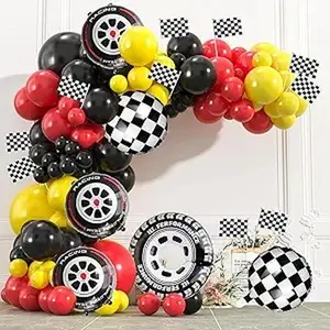 178pcs Race Car Theme Garland Kit for Red Black Yellow Balloons Decoration with Checkered Flags and Wheels, Race Car Themed Birthday Party