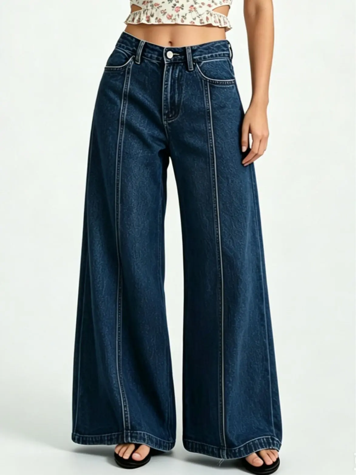 Women's Vintage Solid Color Wide-Leg Denim Jeans - Chic Loose-Fit Washed Bottoms for Party, Casual Wear, Bottom