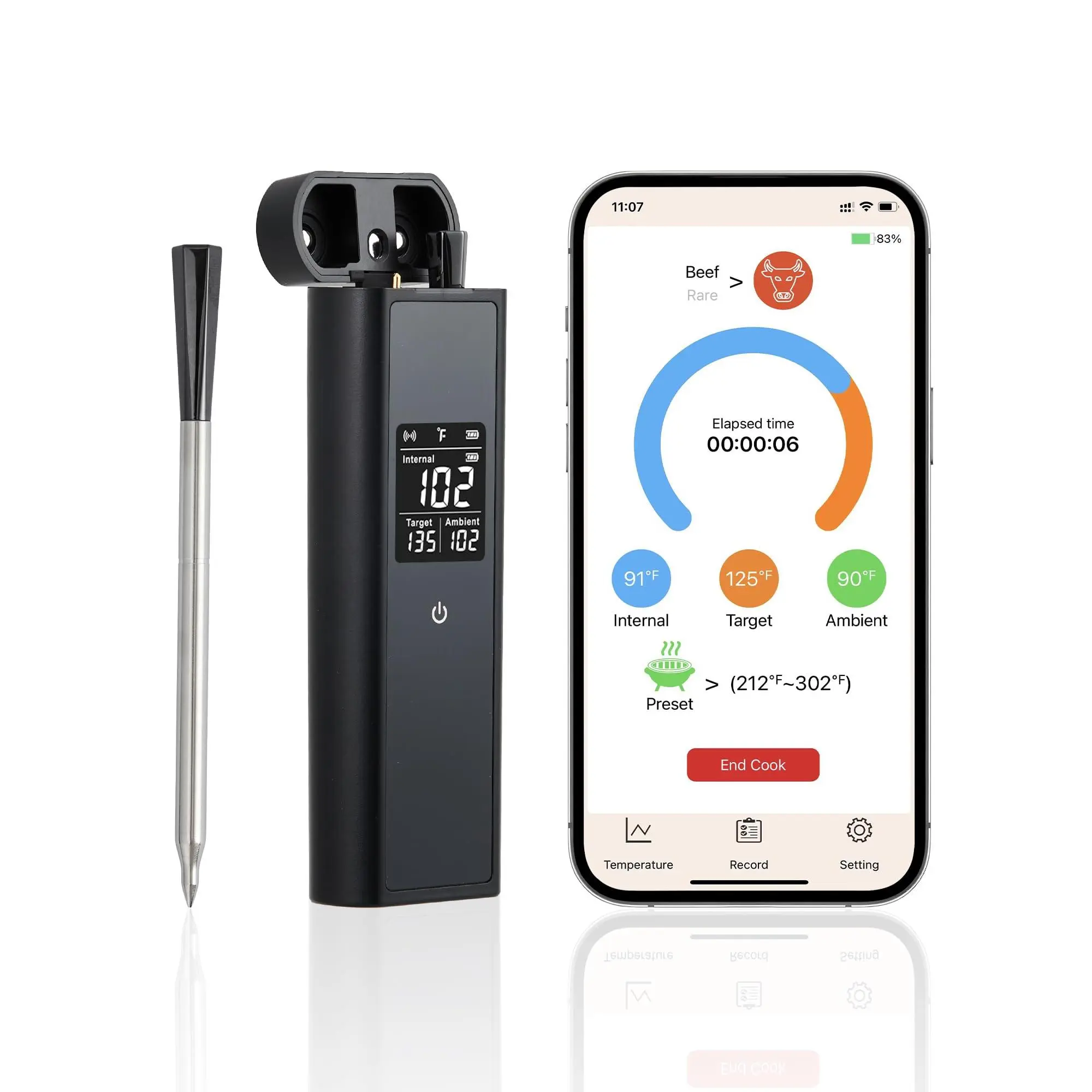 Smart Bluetooth Meat Thermometer with Wireless Probe, Dual Sensors and Display Base for BBQ, Oven, Smoker and Grill