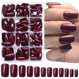 240pc Christmas Wine Red Press on Nails Medium Square Fake Nails Press ons Square Nail Tips Gel False Nails Presson Artificial Fingernails & Glue Adhesive Tabs Women Girls Manicure Decor