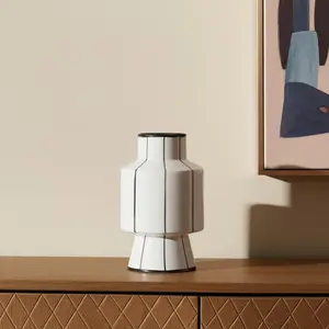 HomeRoots 608358 13 in. White & Black Striped Ceramic Cylinder Table Vase