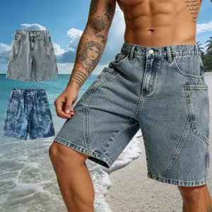 [ Summer Atmosphere ] Men's High Street Deconstructed Splicing Large Pocket Denim Shorts, Summer Loose Wide Legs, Retro, Casual Fashion Versatile Beach Vacation Denim Shorts