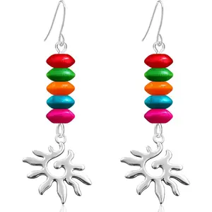 Boho  Wooden Bead Sun Dangle Drop Earrings Chic Long Retro  Geometry Hook Earrings For Women