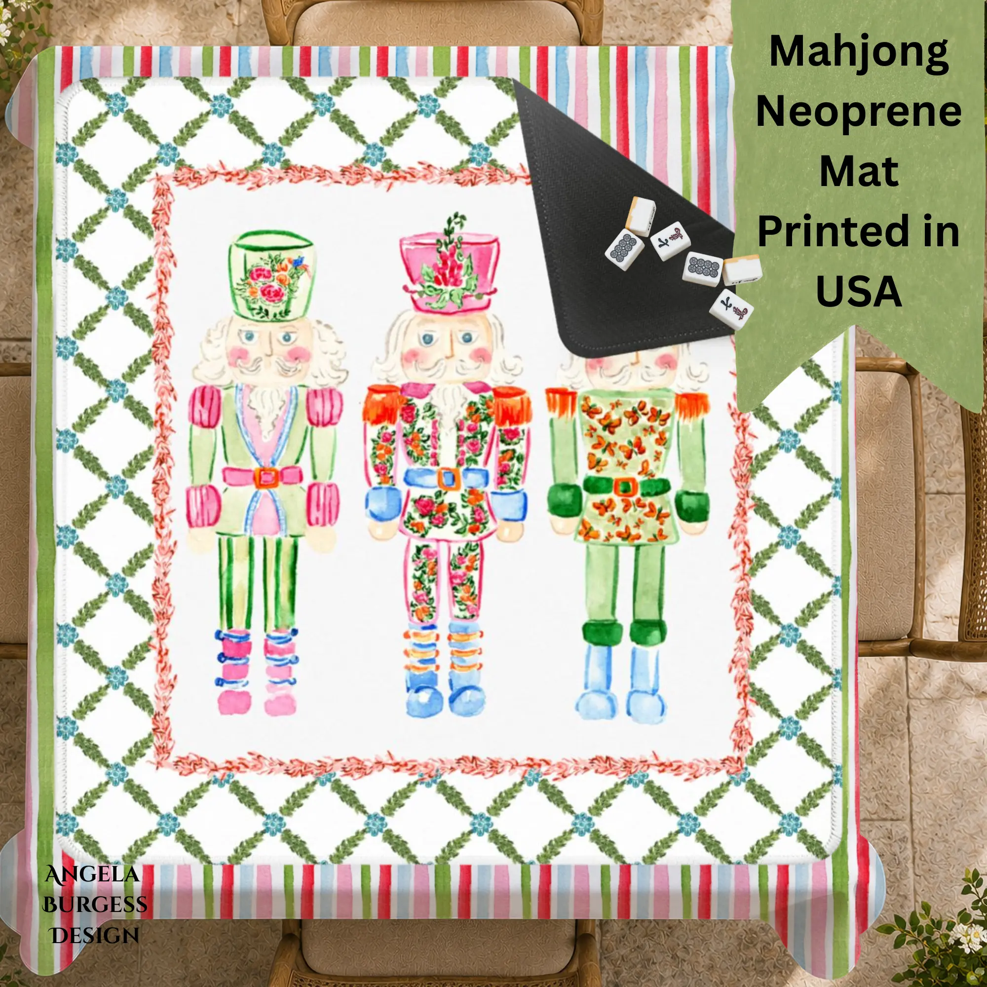 MAHJONG Mat Nutcracker, Neoprene, Ships Rolled from the USA, Size 31.5" x 31.5", Sleek Surface, Christmas Watercolor