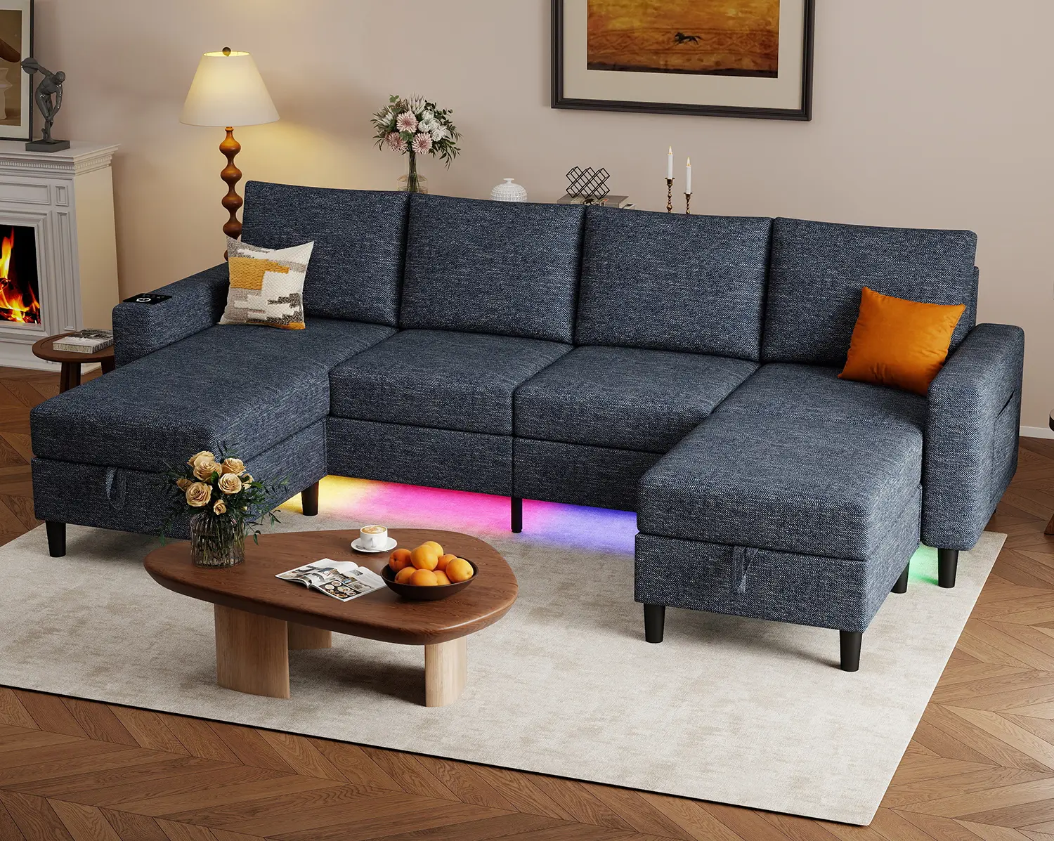 109in Light Gray Linen 6-Seater U-Shaped Modular Sectional Sofa Couch - Freely Combinable Storage Ottoman, Built-in LED Lights, Wireless Charging, Sturdy Indoor Living Room Furniture (Shipped in 2 Packages)