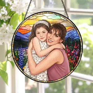 Personalized Photo Portrait Mom Stained Glass Suncatcher, Grandma & Grandkids Image Window Hanging Mother's Day Gift