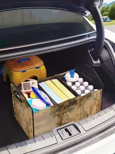 Oil Painting Pattern Car Storage Box, Foldable Trunk Organizer with Dividers, Multifunctional Vehicle Holder for All Seasons, Car Storage Organizers
