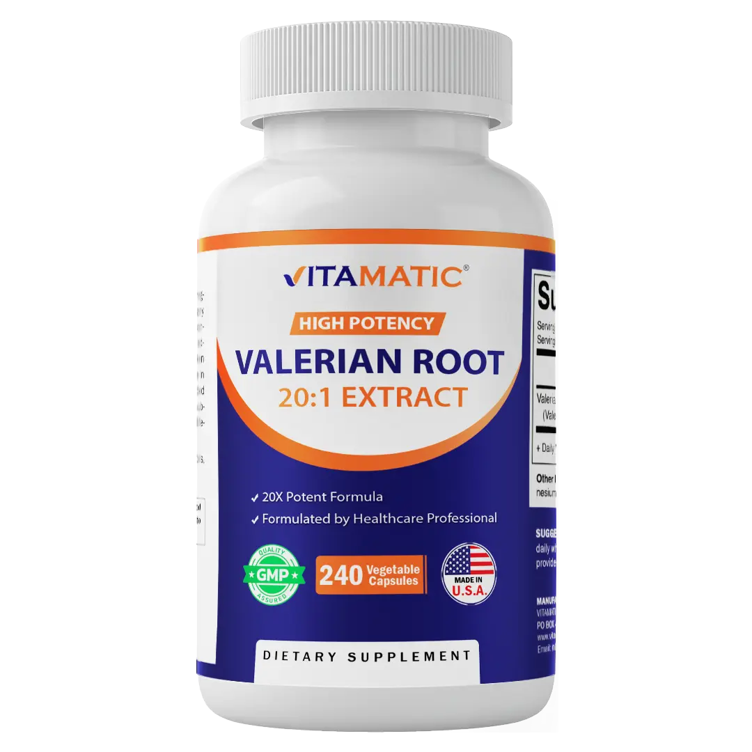 Vitamatic Edible Valerian Root 20:1 Concentrated Herbal Nutrition Dietary Blend Capsules with Magnesium, GMP-Certified Healthy Sleep Supplements, Non-GMO, Gluten-Free, 240 Count