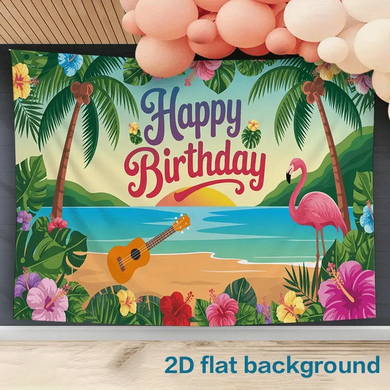 A Flat 2D Banner, 1pc for a Birthday Celebration Backdrop, Designed with a Tropical Beach Theme That Includes Flamingos, Ukuleles, And Flowers - Made from Polyester Fiber, Ideal for Home And Party Decor