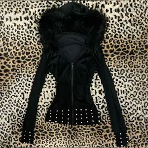 Autumn/Winter Sparkly Diamond Jacket with Plush Collar Decoration, Waist-Defining Cut, Dark Sweet Cool High Street Sweater