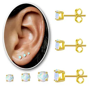3 Pairs Opal Earrings For Women Surgical Steel Stud EarringsTragus/Cartilage/Conch/Helix-Dainty Piercing Cubic ZirconiaEarrings Studs Jewelry Gifts (3,4,5mm) flat back Gold Plated Gemstone Earring Set