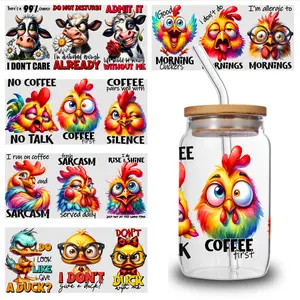 5 Sheets Chicken Coffee UV DTF Stickers for 16 oz Tumbler Waterproof Rub on Transfers Waterproof Decals DIY Water Bottle Glass UV DTF Transfer Stickers for Glass Cups