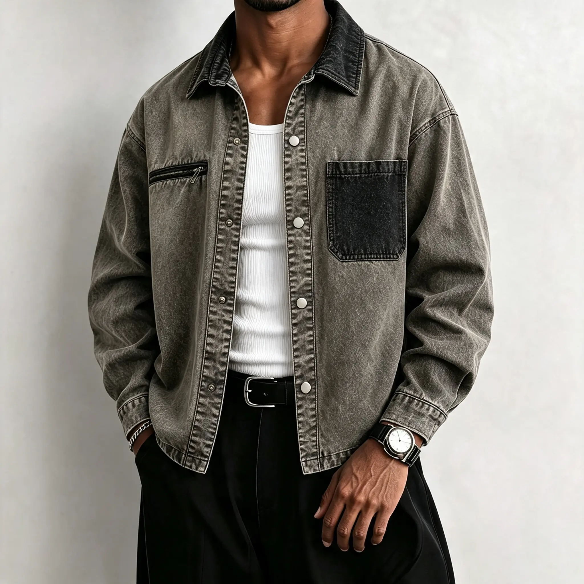 Men’s vintage washed denim shirt jacket with contrast black pockets and snap buttons, oversized shacket casual outerwear for spring and fall
