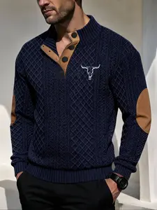 Men's Winter Knit Fitted Button Front Stand Collar Sweater, Vintage Texture Plaid Cow Head Print Shirt, Casual Outdoor Wear for Cold Weather