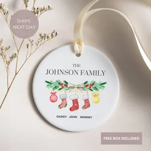 Family of Christmas Ornament, Personalized Name Ornament, Baby First Christmas, Tree Stocking Custom With Names, Ceramic Keepsake, Festive Decorations