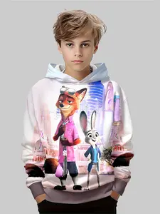 Boys' Light Gradient Zootopia Hoodie, Judy Nick City Theme, Casual Fitted Outerwear, All over Print, Fall & Winter Fashion