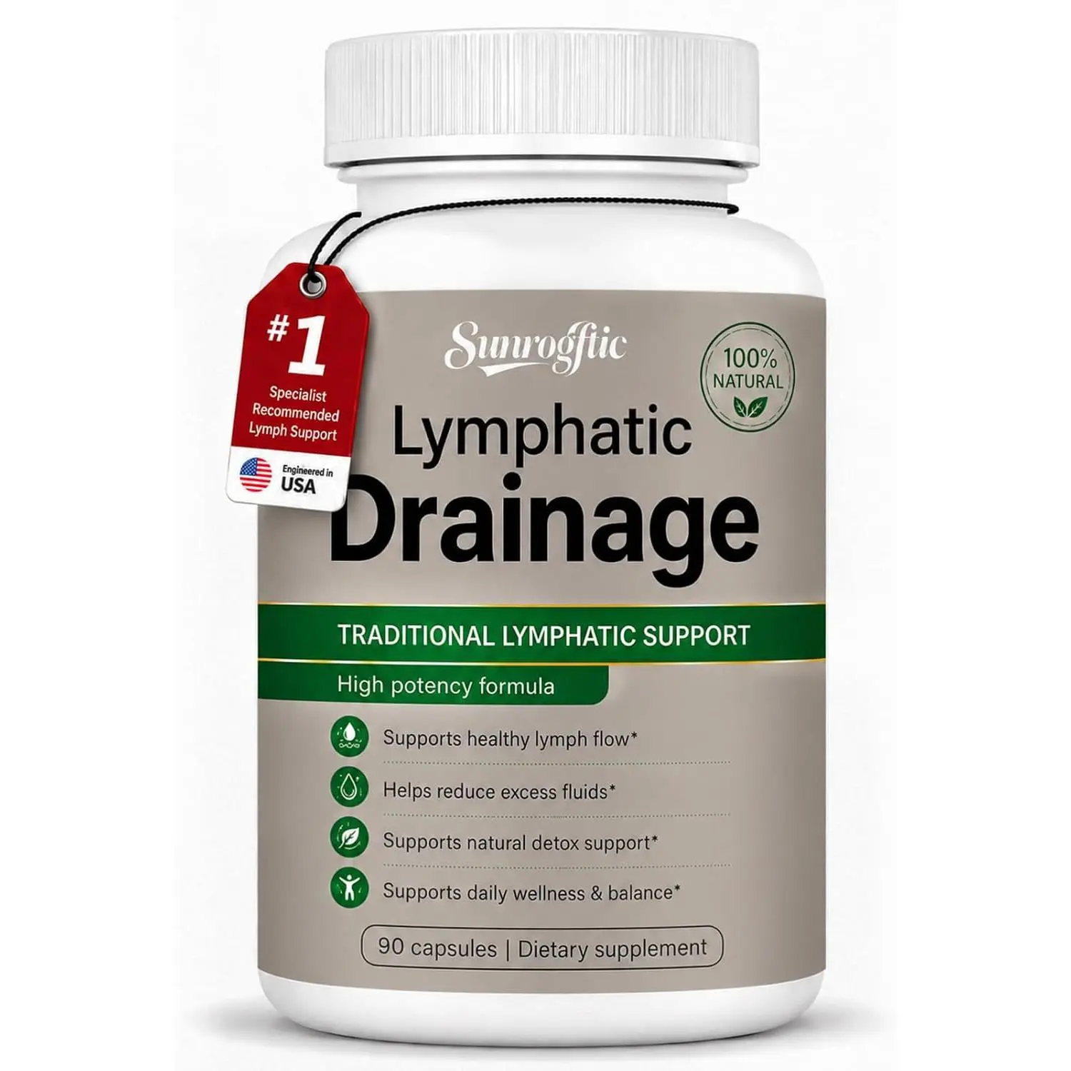Lymphatic Drainage Health Supplement Capsules with Dandelion Burdock Root Cleavers Echinacea Herbal Complex Body Fluid Balance Gentle System Support Swelling Relief Immune Antioxidant Care Daily Pills 90 Capsules