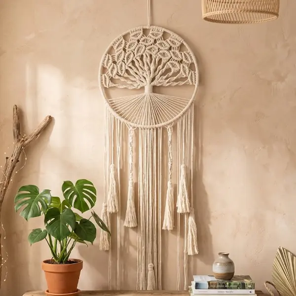 Hand-Made Boho Macrame Tree of Life Dreamcatcher Wall Hanging - White Cotton Linen Tapestry with Tassels, Knot Detailing, Lightweight Native American Style Home Decor, Wooden Nail Push Button Mount for Bedroom, Entryway Gift for Her, Decoration, Graduatio