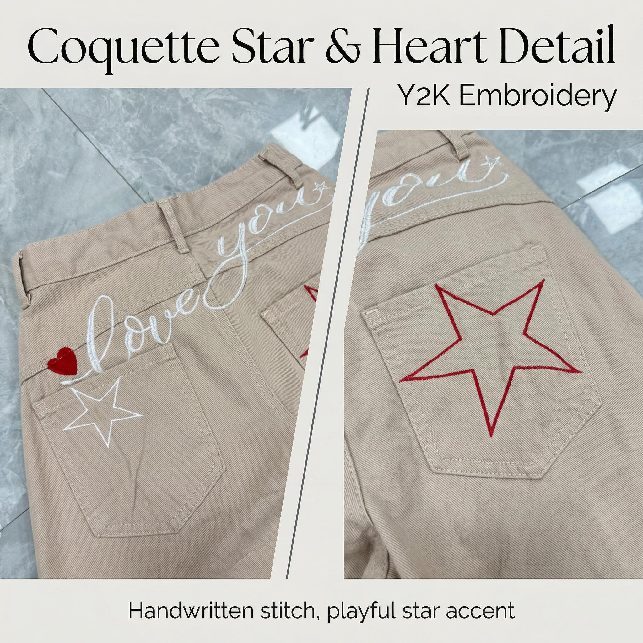 Women’s Baggy Barrel Jeans Comfortable Relaxed-Fit Wide-Leg Pants with Y2K-Inspired Coquette Star and Heart Graphics—Cute Everyday Casual Streetwear