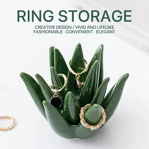 Ceramic Cactus Ring Holder, Green Leaf Jewelry Organizer for Rings Earrings, Stylish Desk Decoration, Gift for Women Mom and Friends