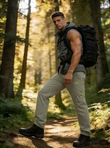 Men's outdoor windproof pants - with adjustable belt, multiple zip pockets; non-stretch fabric for hiking, construction and more; machine washable work pants for outdoor activities, light hiking pants.