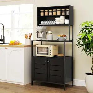 Black Kitchen Baker's Rack with Power Outlet, Storage Shelves, Louvred Door Cabinets and Open Wire Racks - Functional Microwave Stand, Coffee Bar or Appliance Station with Built-In Charging for Kitchen Corners