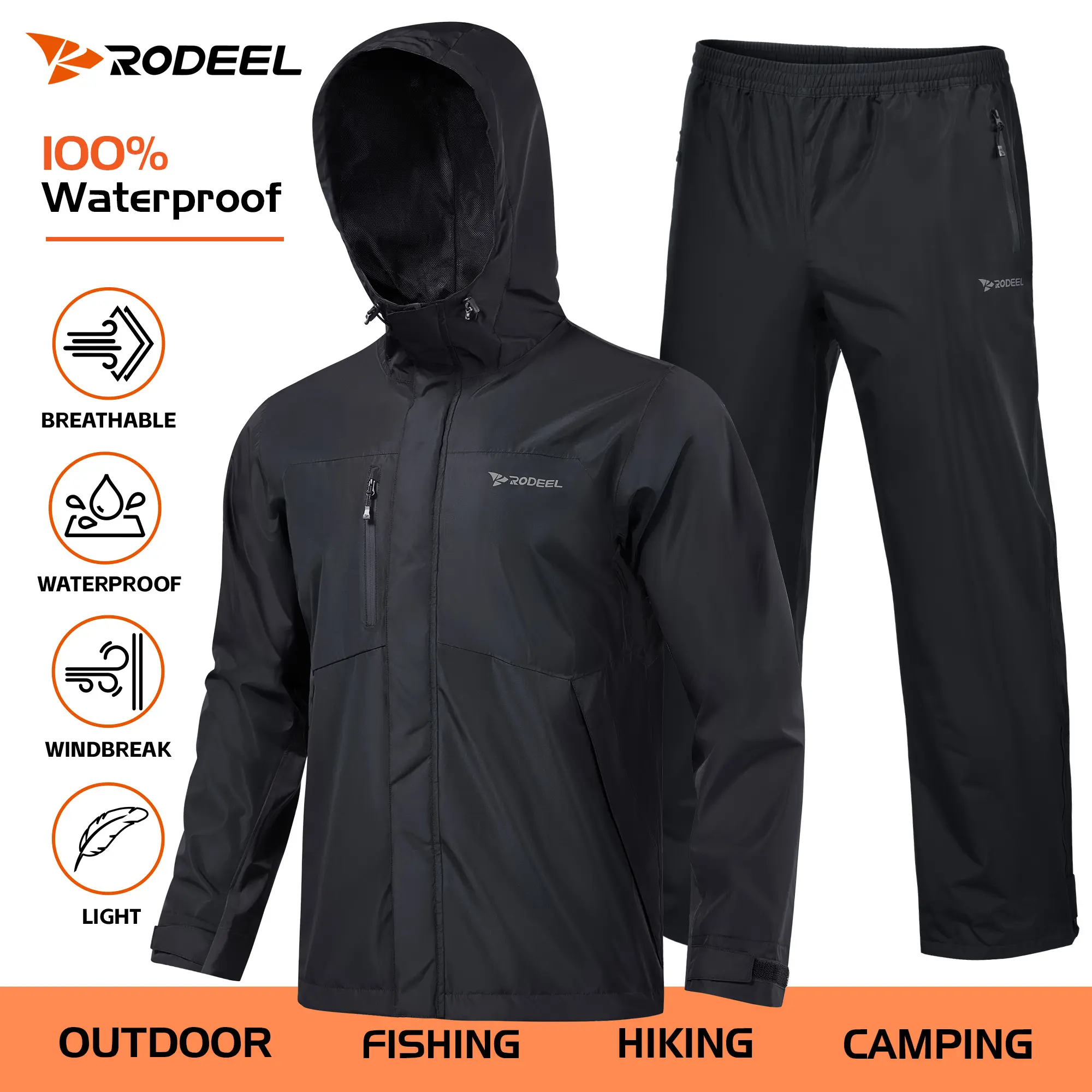 【RODEEL】719 Waterproof Jacket and Pants Set Men Rainproof Lightweight Breathable Full Zip Hooded Rain Coat Durable Rain Suit Weatherproof Rainwear Workwear For Outdoor Walking Hiking Camping Fishing Boating Landscaping SummerWins