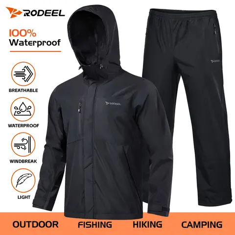 【RODEEL】719 Waterproof Jacket and Pants Set Men Rainproof Lightweight Breathable Full Zip Hooded Rain Coat Durable Rain Suit Weatherproof Rainwear Workwear For Outdoor Walking Hiking Camping Fishing Boating Landscaping SummerWins