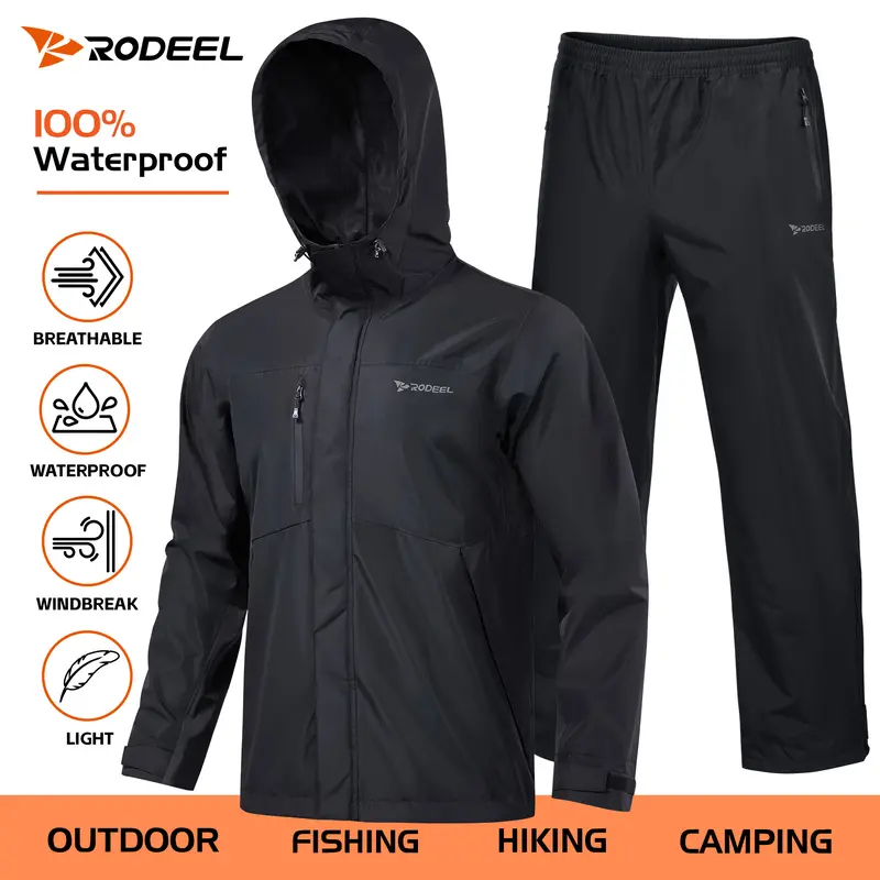 【RODEEL】719 Waterproof Jacket and Pants Set Men Rainproof Lightweight Breathable Full Zip Hooded Rain Coat Durable Rain Suit Weatherproof Rainwear Workwear For Outdoor Walking Hiking Camping Fishing Boating Landscaping SummerWins