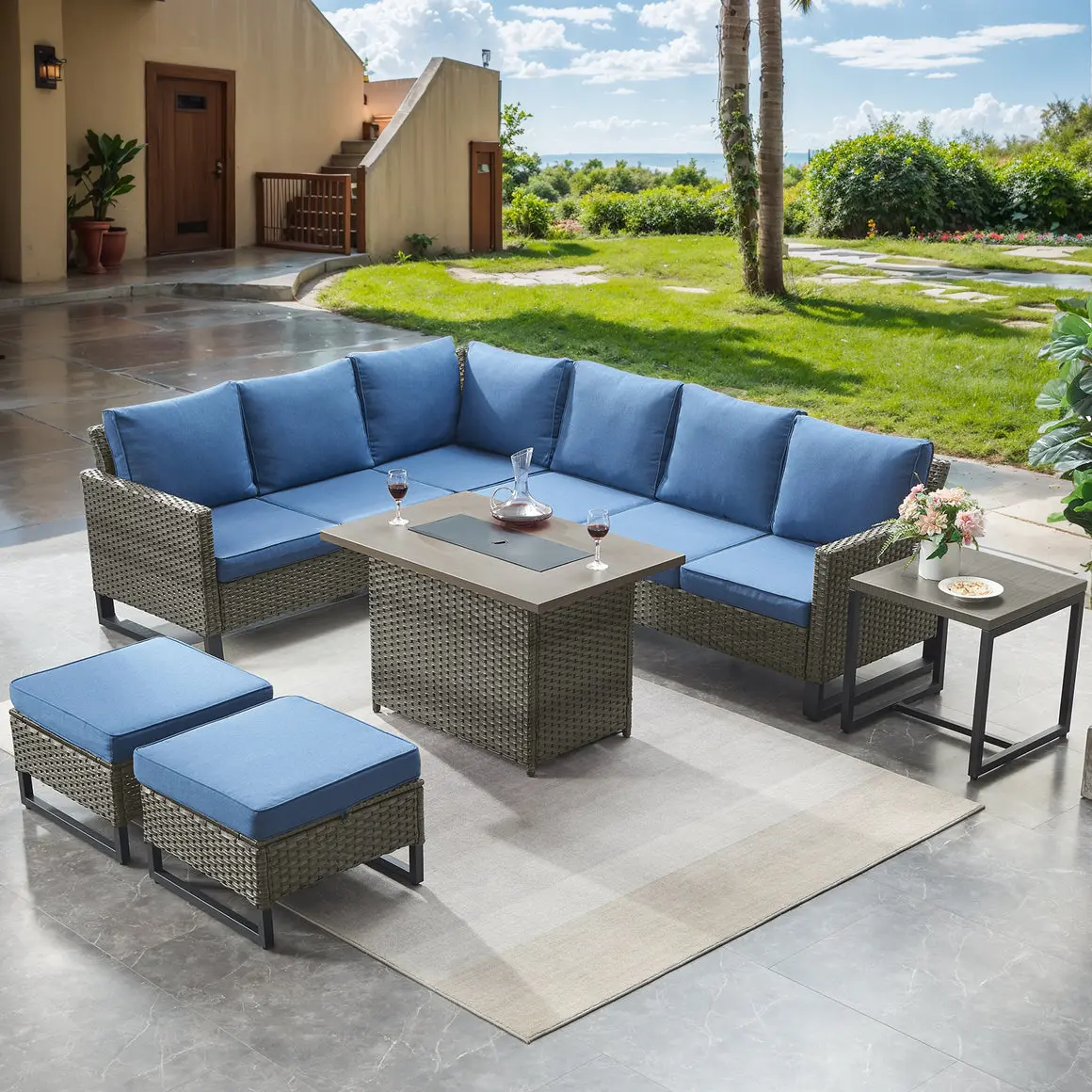 【6 Packages Shipping】10-Piece Patio Set with 41" Propane Fire Pit Table 55,000 BTU, GRS Series