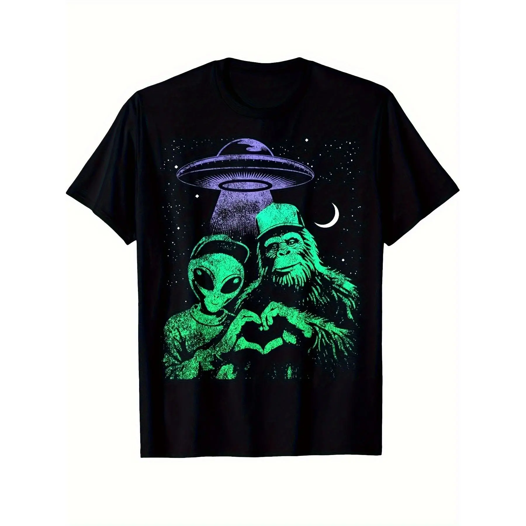 Men's & Unisex Retro & Alien UFO T-Shirt - Black with Neon Green Sasquatch & Extraterrestrial Graphic, Cryptozoology/Tech Design, Loose Fit Casual Short Sleeve Tee, Comfortable Breathable Shirt for Paranormal Fans, Gift