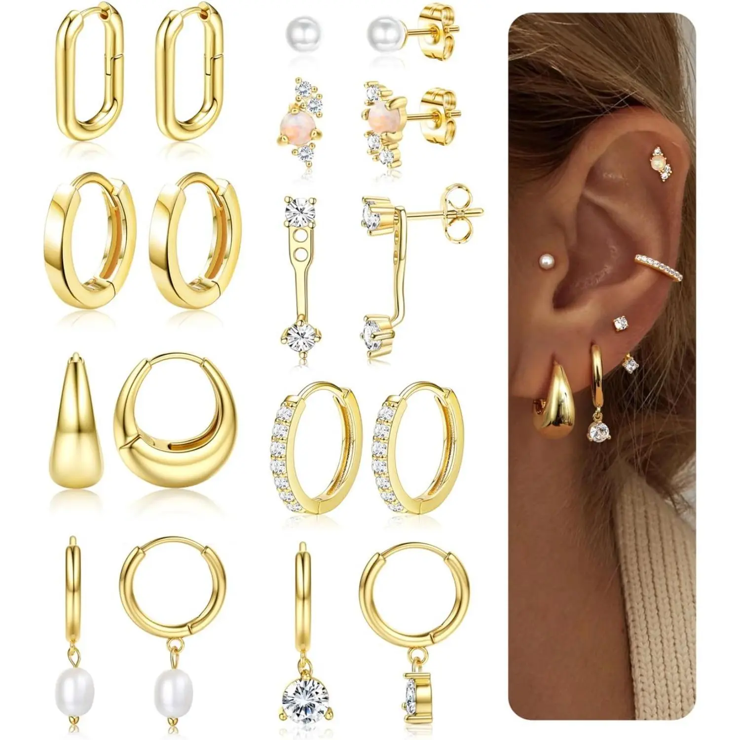 CASSIECA Hoop Earring Stacks for Women 14K Gold-plated Plated Huggie Stud Hoop Earrings Hypoallergenic Stainless Steel Cartilage Earring Sets for Multiple Piercing Lightweight 9Pairs, Earring Stack, Cute Earring Stacks Summervibes