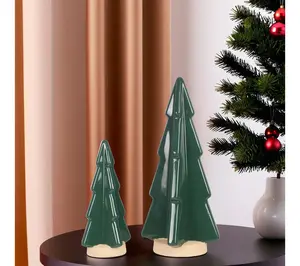 Young's Green Stoneware Christmas Tree Tabletop, Set of 2