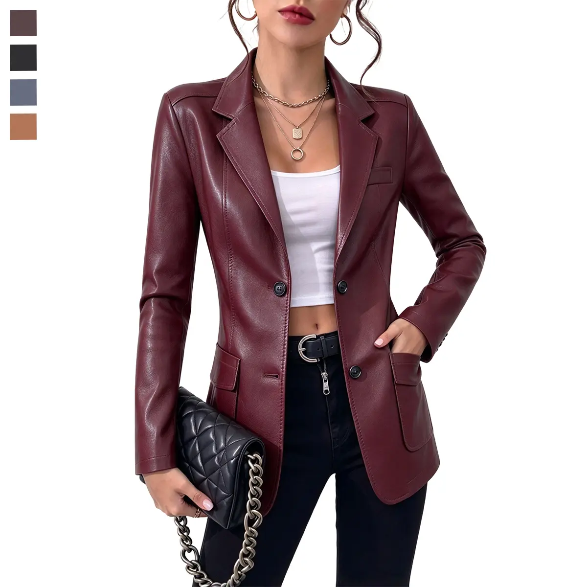 Women’s retro slim-fit commuter leather jacket with a turn-down collar and two-button closure; versatile slim-fit street-style jacket that is comfortable and easy to match, suitable for everyday commuting and outdoor activities.