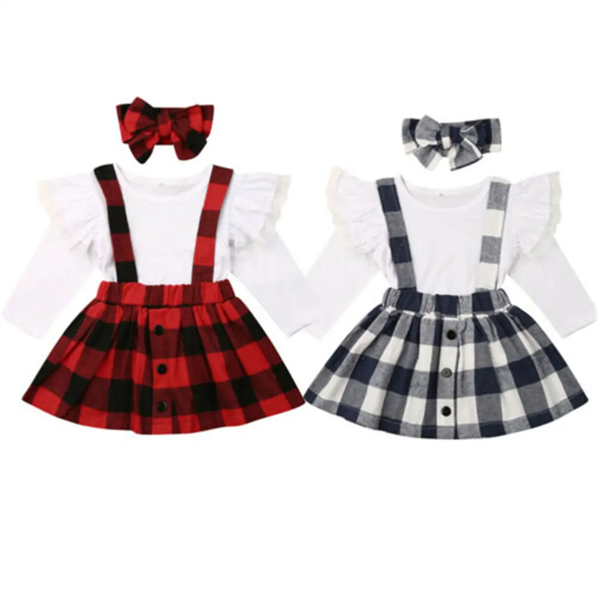 3PCS Toddler Baby Girls Outfits Set Solid Ruffle Long Sleeve T-Shirt Tops+Suspender Skirt Overall Clothes Set