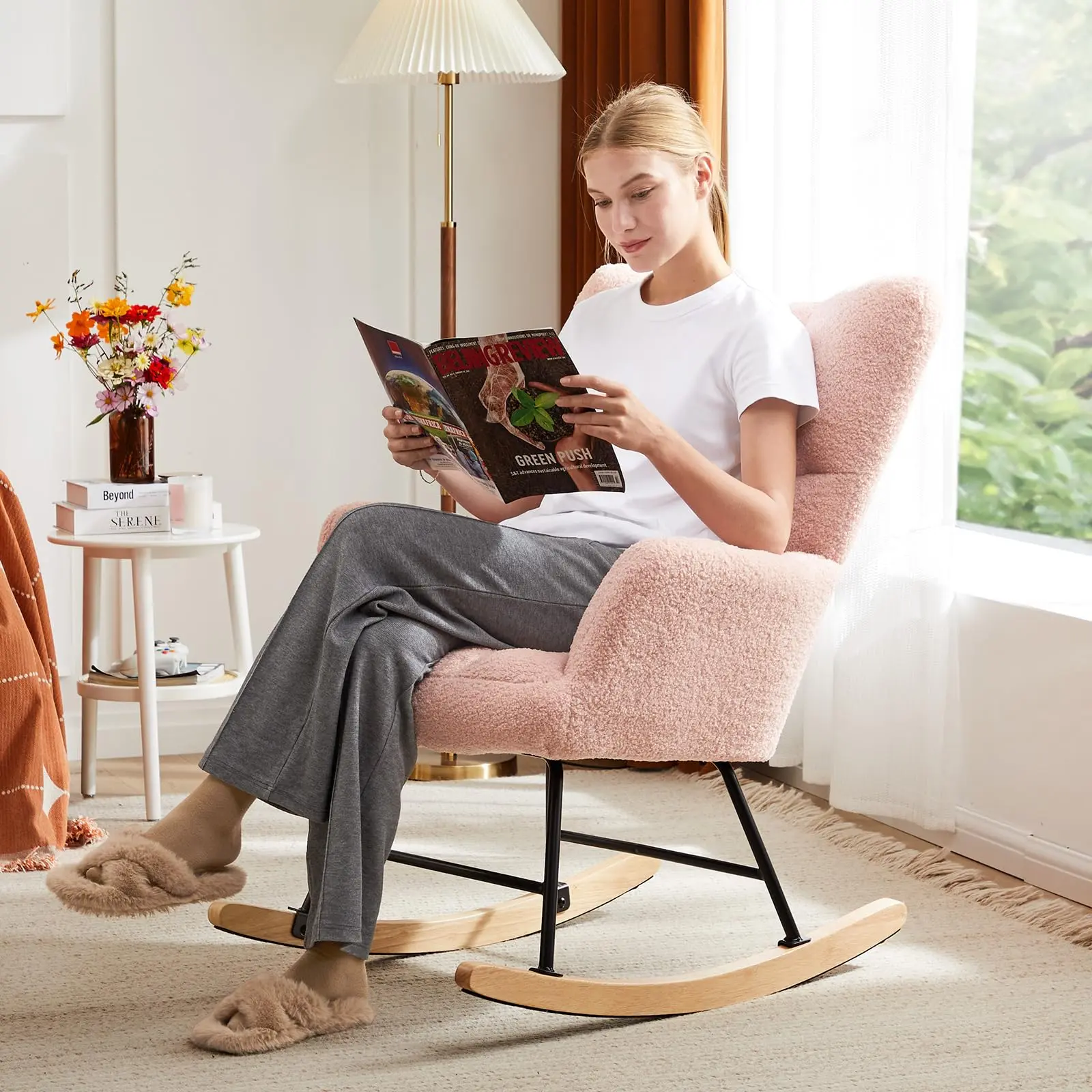 Rocking Chair Soft Teddy Velvet Glider Rocking Chair for Nursery, Padded Seat Comfy Wingback Glider Rocker with Safe Solid Wood Base for Living Room Bedroom Balcony Dusty Pink