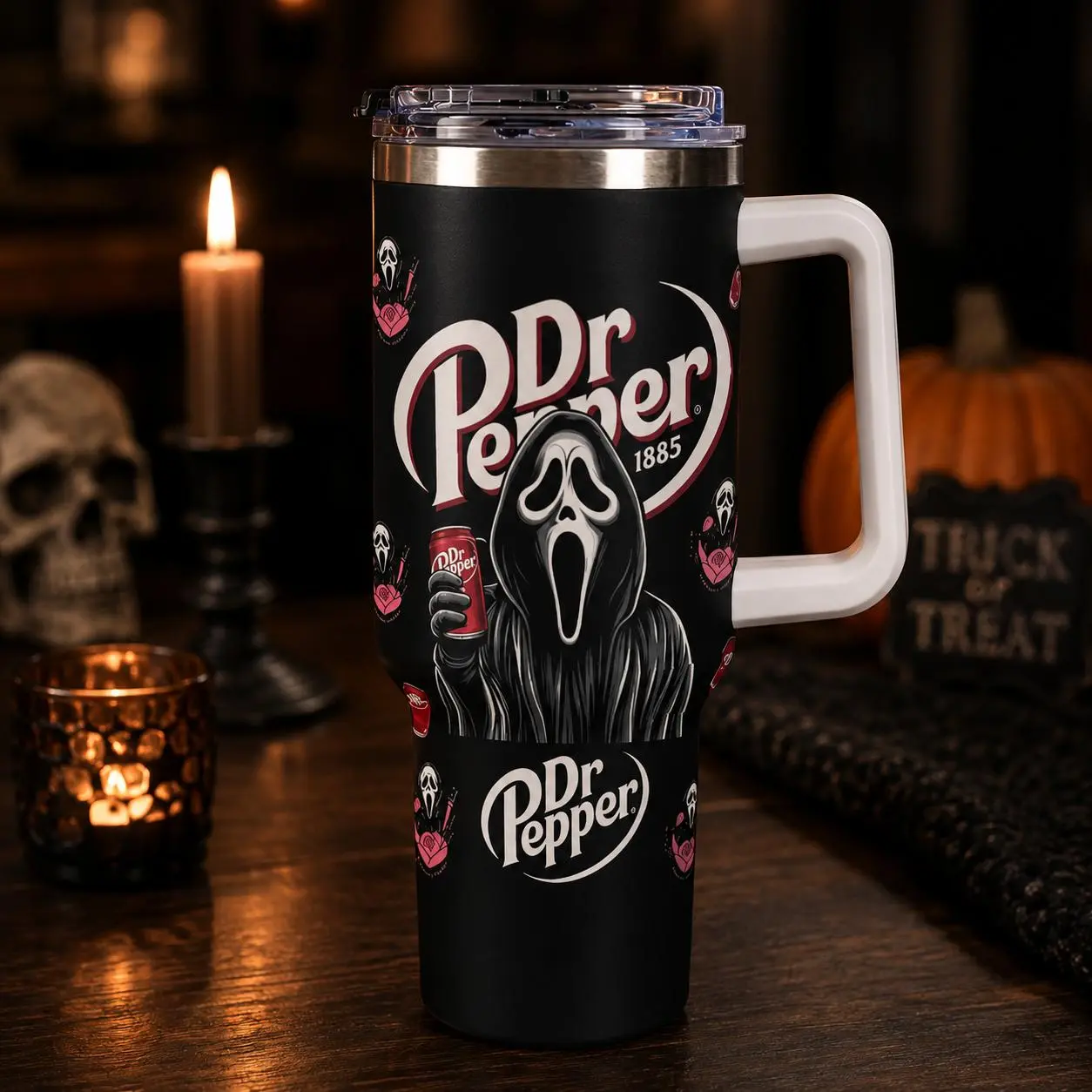 Ghostface x Doctor Pepper Tumbler, Halloween Creepy 40oz Stainless Steel Cup With Handle and Lid For Kids, Double-Wall Insulated Travel Mug, Gift for Your Health