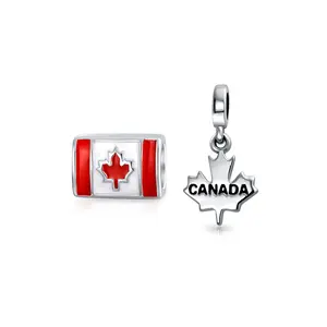 Sterling Silver Canadian Travel Red Enamel Canada Flag & Maple Leaf Bead Charm for Bracelet (Set)
