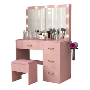 Black Vanity Desk Makeup Table Lighted Mirror Dressing - 35.4"L x 15.7"W x 53.5"H - Pink