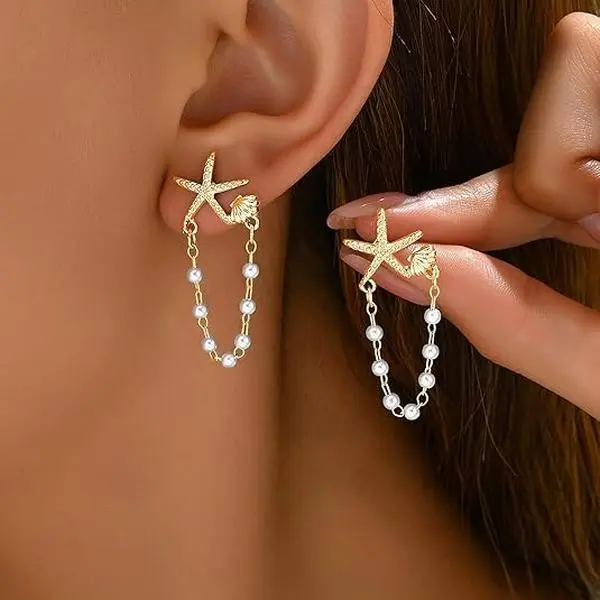 Veliora Nautical Seashell Starfish Motif Earrings for Women, Artificial Pearl Drop Shell Studs, Beach Look Daily Fashion Accessories, Elegant Rose Bear Necklace & Money Bracelet (2026 Summer Tropical Vacation Use)