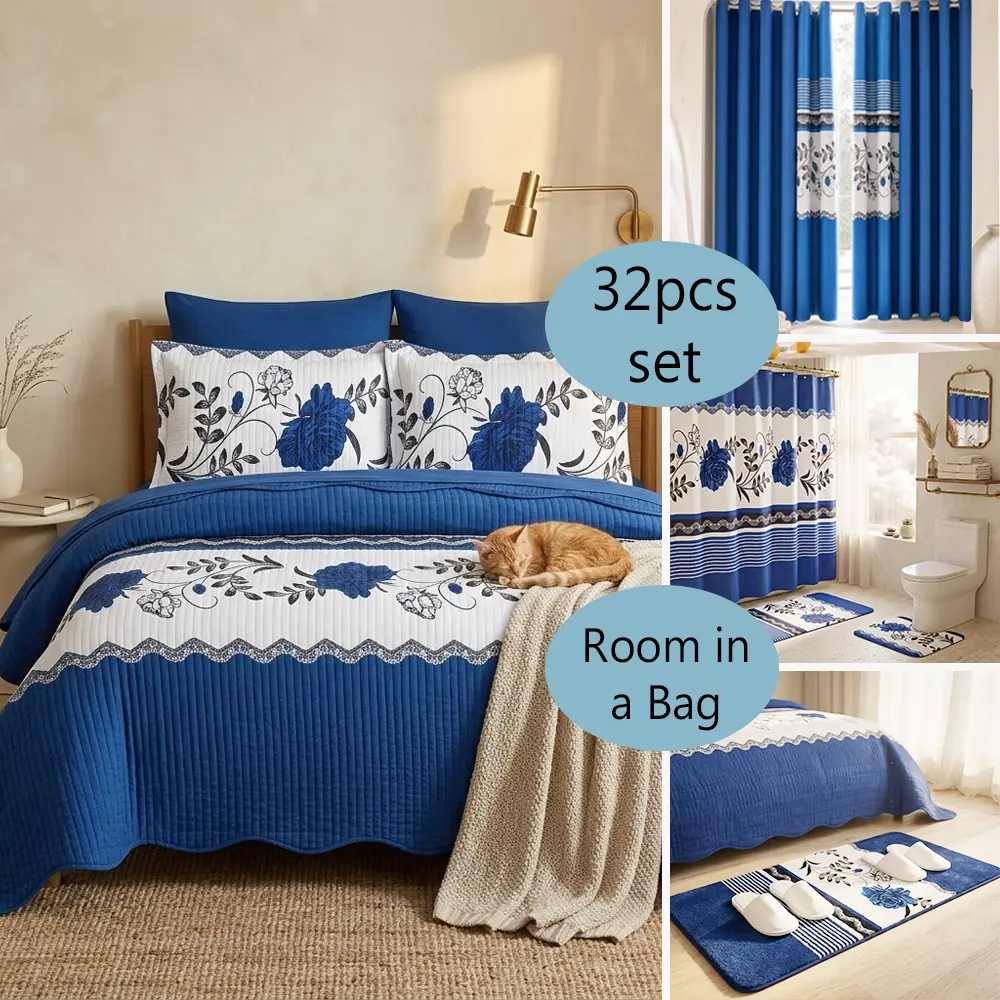 King Size 32-Piece Floral Bedding Set, Royal Blue Classic Quilted Bedspread, Vintage Country Style Complete Bedroom-Bathroom Combo with Fitted Sheet, Carpet, Curtains, Shower Curtain, Bath Mats, Slippers, Durable Breathable All-Seasons Textiles