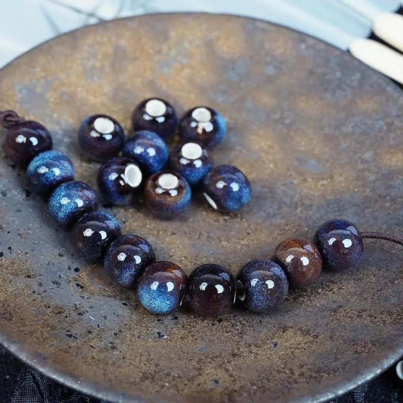 LUMAWU Handmade DIY Porcelain Beads - 8mm, 10 Pcs, Leopard Print Trendy Design, Gem Blue Flower Glaze Texture, High-Temp Resistant, Fade-Resist, Water/Wear-Proof, DIY Projects Jewelry Making Supplies
