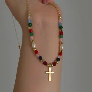 Elegant Cross Beads Necklace, Faith Cross Necklace, Copper Beads Plated 18k Gold, Catholic Religious Jewelry, Perfect Gift for Holidays | Womens Multicolor Cross Necklace - Fashion Beaded Cross Charm Jewelry, Women's Daily Wear Accessory, Fan Shop Gift
