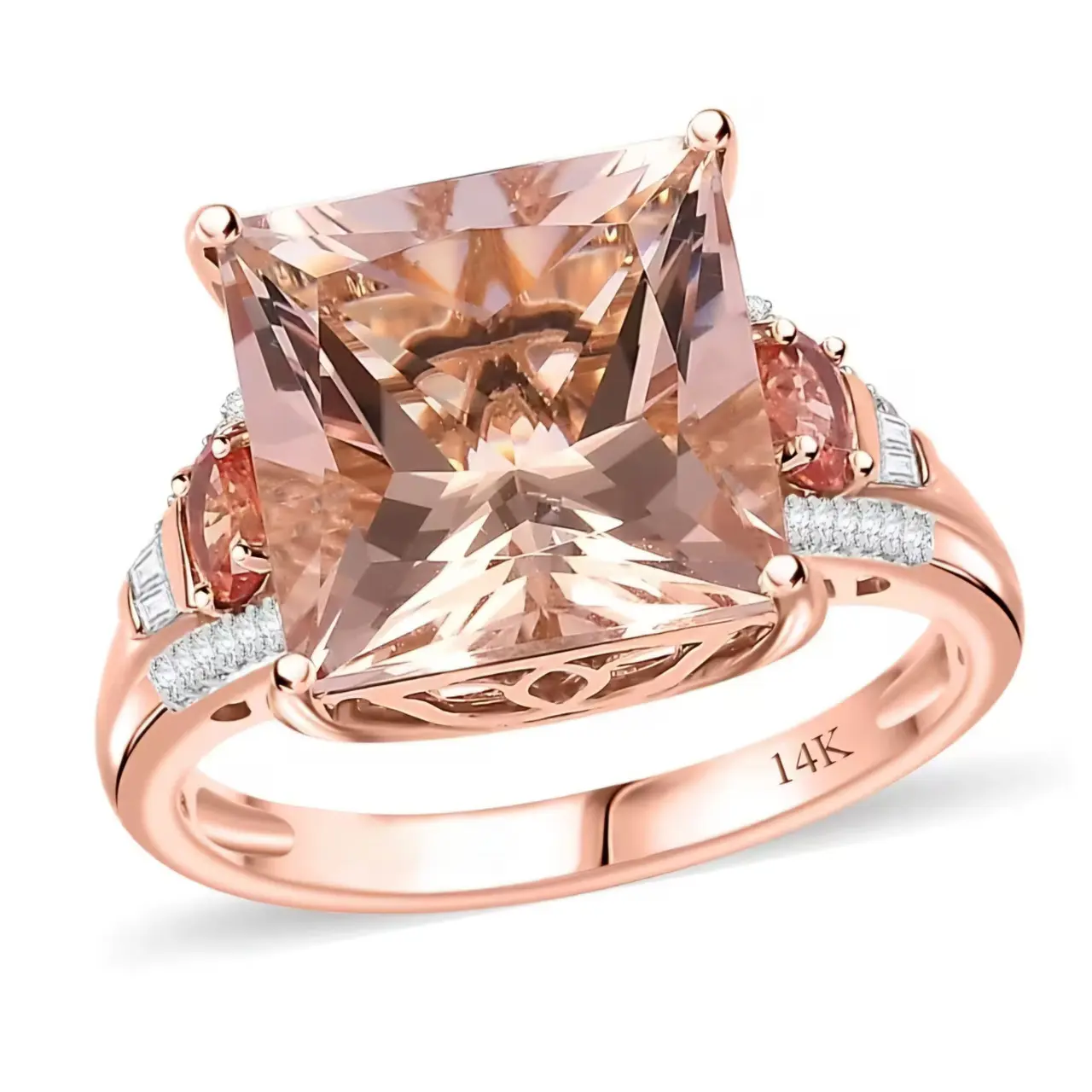 Morganite, Padparadscha Sapphire & Diamond Ring in Solid 14k Rose Gold 8.75ctw