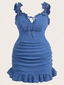 Plus Size Bodycon Ruffled Ruched Hem Leaf Edge Tie Front Denim Dress for Women, Summer Fashion Casual Sleeveless Short Skirt, Trendy and Comfortable