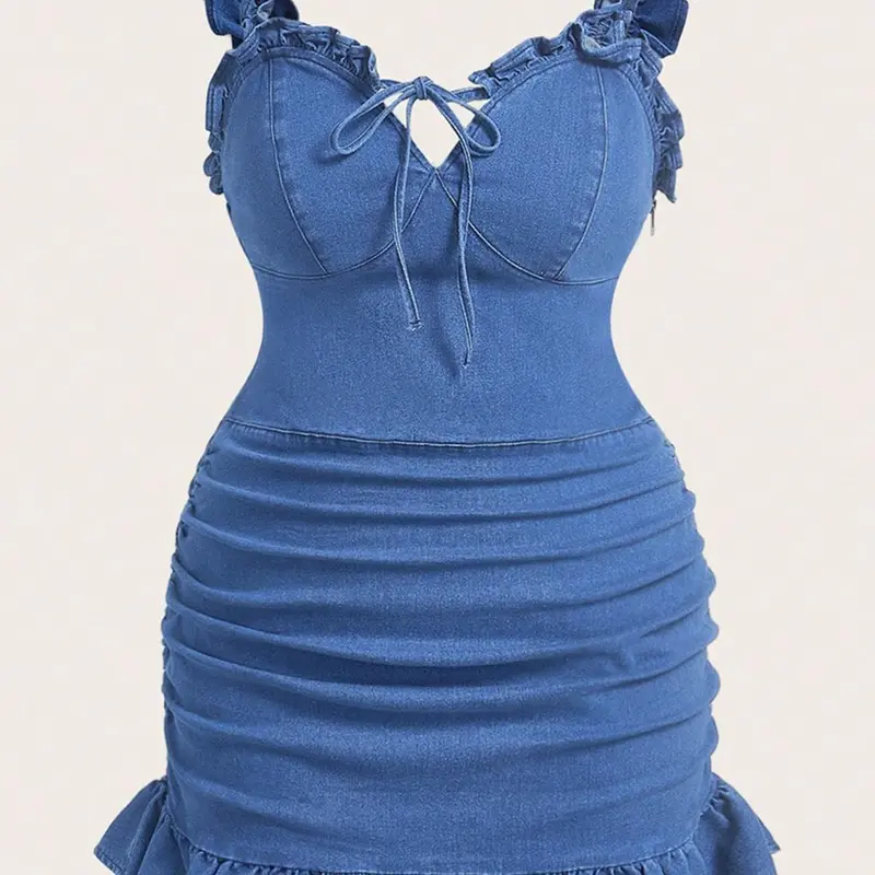 Plus Size Ruched Hem Leaf Edge Tie Front Summer Everyday Bodycon Ruffled Denim Dress for Women, Fashion Casual Sleeveless Short Skirt, Trendy and Comfortable