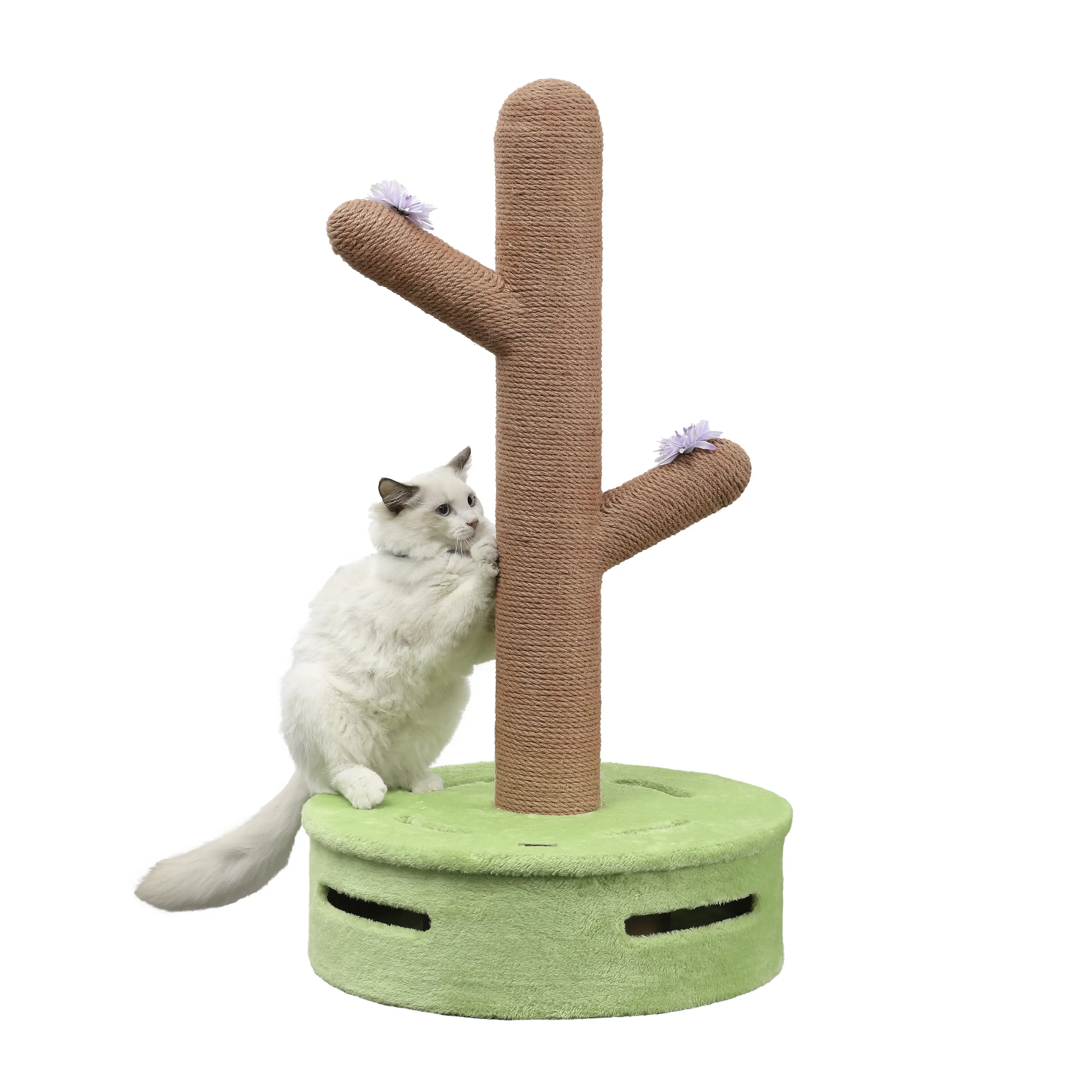 THE LICKER STORE Rosa 36" Modern Jute Cactus Cat Scratching Post with Flower Toys and Built-In Bell Toys, Pink/Green