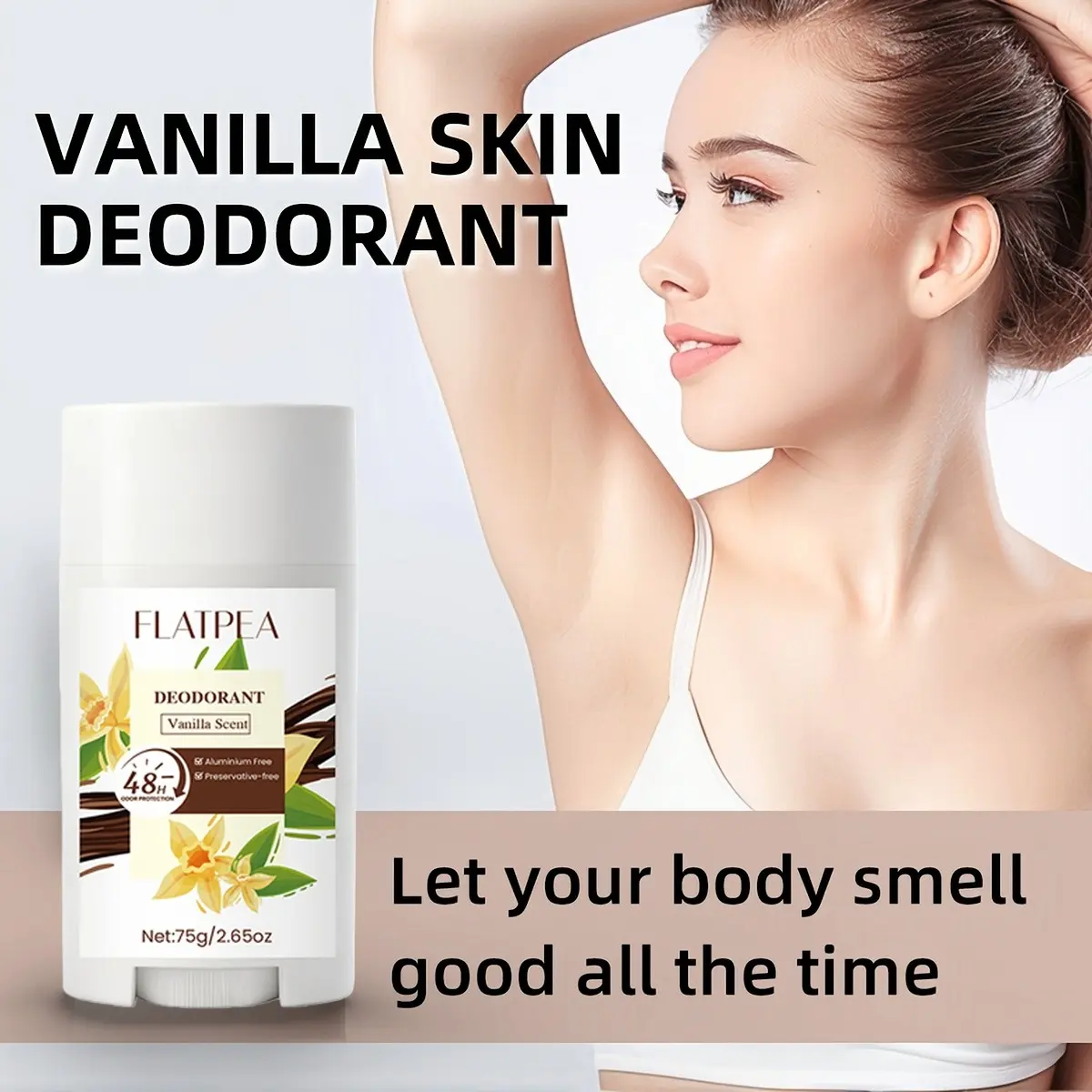 FLATPEA Natural Vanilla Deodorant Stick (75g / 2.65 oz) - Aluminum-Free 48H Odor Protection