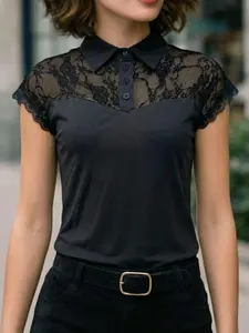 Elegant Lace Patchwork Lapel Sleeveless Top for Women, Casual Office Wear, Versatile Date Night, Slimming Base Layer